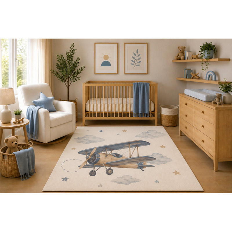 Tapis d'intérieur ultra-léger 152 x 213 cm, motif ciel d'avion vintage, aquarelle bleue, idéal pour la chambre d'enfant ou la salle de jeux. Dos en silicone antidérapant.