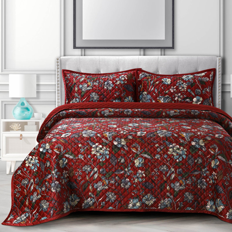 Amara Velvet Floral Quilt, King Quilt + 2 King Shams, Blue