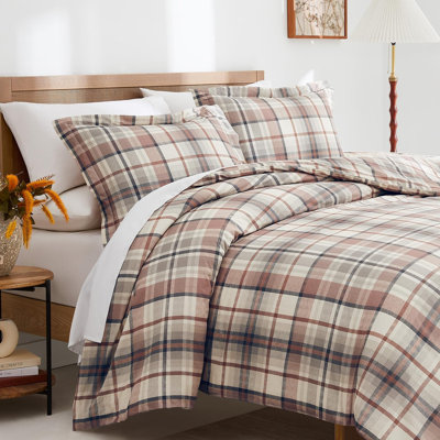 Ensemble de housse de couette en coton Southland Fine Linens Highland en rouille à carreaux Highland, 100% coton à longues fibres de coton à densité de tissage 300 fils avec fermeture à boutons et attaches de coin, 1 housse de couette et 2 taies d'oreiller, double / grand