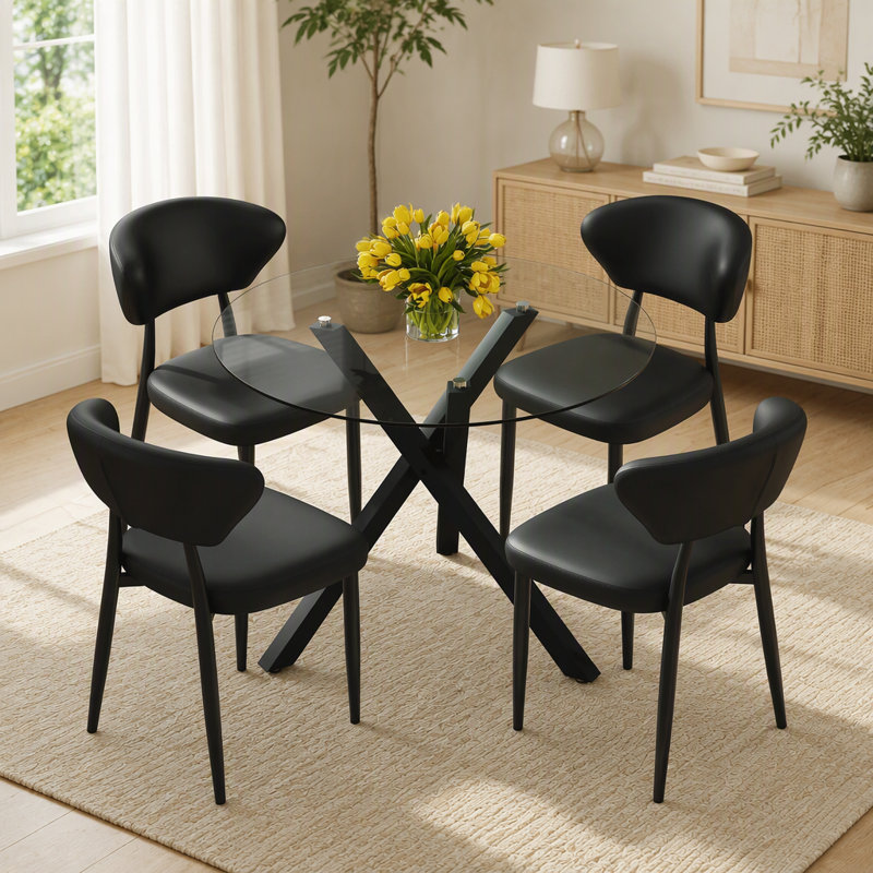 Modern 39 Inch Round Glass Dining Table Set with X-Shaped Black Metal Base and 4 Black PU Ergonomic Chairs