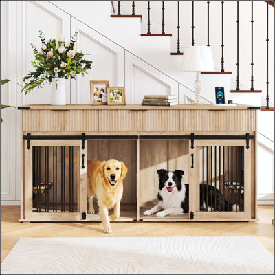 Cage double pour chien de style meuble de 180 cm avec 3 tiroirs cannelés et plateau en bois de noyer imperméable, grande niche pour chien avec prise électrique de type C et distributeurs de nourriture rotatifs