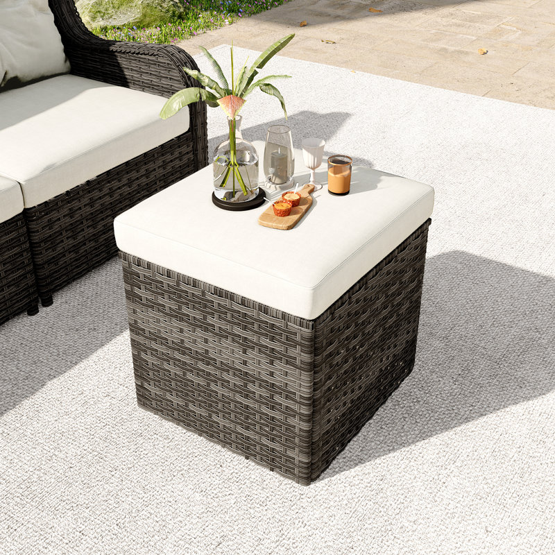 Louann Five-person Group Outdoor Wicker Set With Wicker Coffee Table And Two Ottomans, Beige, Gray