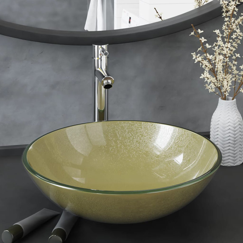 Ivy Bronx Habgood 42mm L x 42mm W Green Tempered Glass Circular Sink with Tap