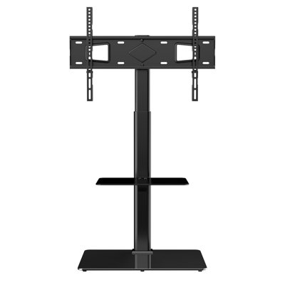 Meuble télé à hauteur ajustable pour téléviseurs de 32 à 65 pouces, fonction pivotante, base en verre trempé, différents agencements de pièces, assemblage facile, matériau en acier pour le support, avec organisation améliorée des câbles, rapide
