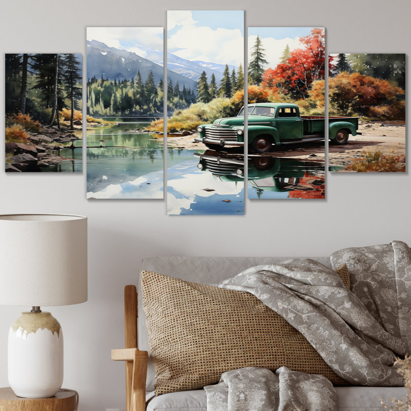 Pickup Truck Tranquil Lakeside III - Art mural sur toile transport - 5 panneaux
