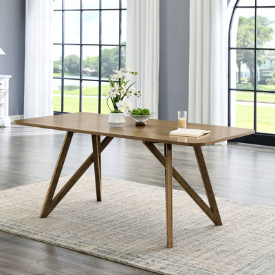 Dining Table With 70-inch Rectangular Surface Range, Geometric Cross Base, Rounded Corners, Veneer Finish, Seating 6, Rubberwood And Construction Wide