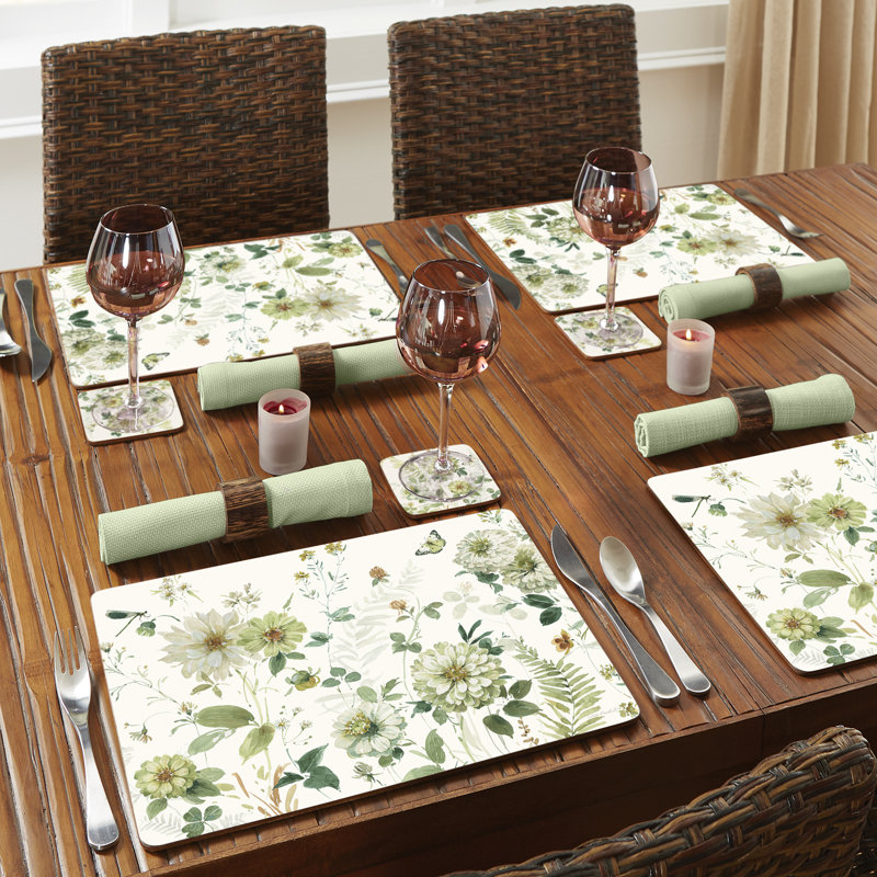 Green Floral Hardboard Cork Back Rectangular Placemats, Set of 4