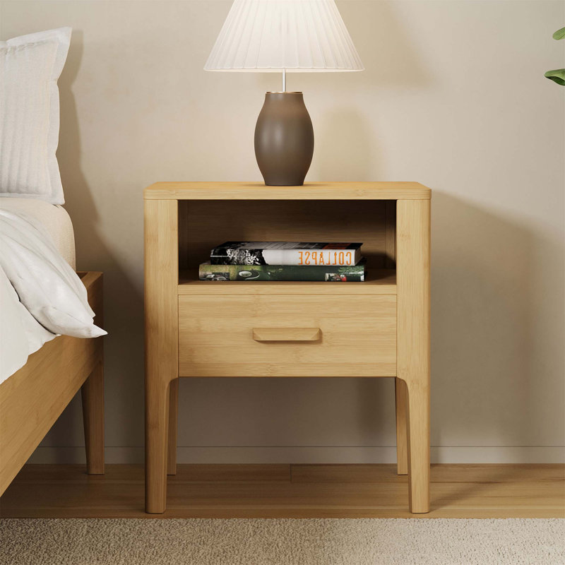Table de chevet Mid-Century moderne en bois de bambou massif avec tiroir et tablette ouverte, table de chevet, conception écologique et durable