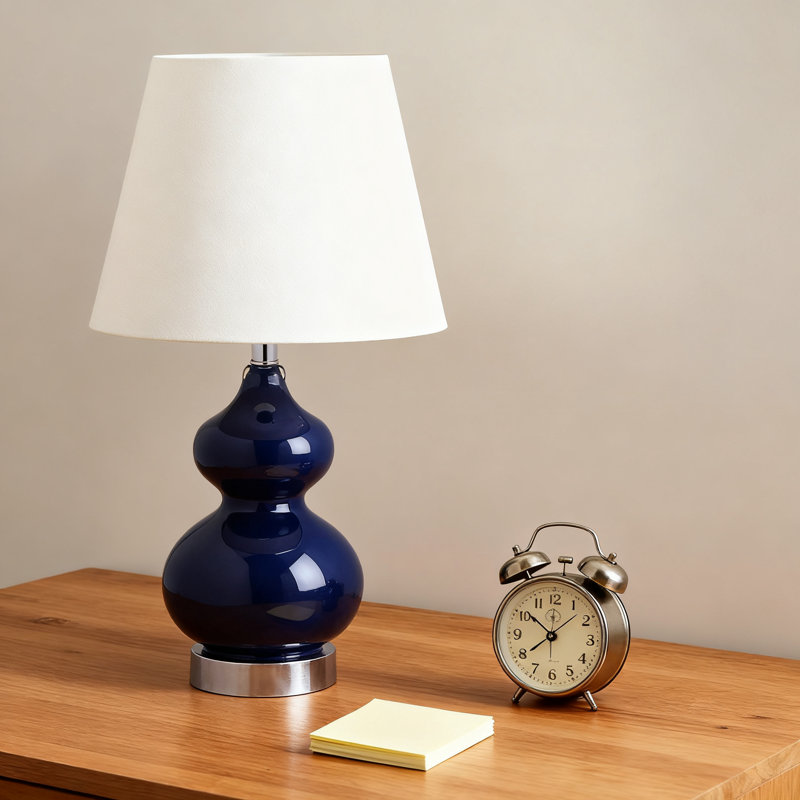 Lampe de table à double gourde avec ampoule à DEL pour chambre à coucher, salon, bureau à domicile ou table de chevet, abat-jour bleu marine et blanc cassé