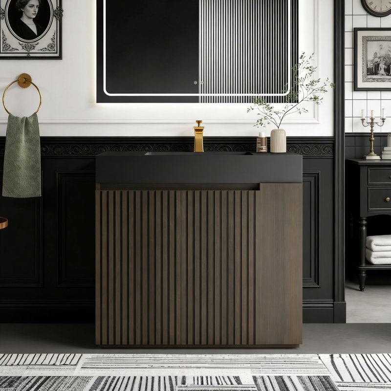 Meuble-lavabo simple autoportant de 36 po avec comptoir en quartz, portes cannelées et tablettes ouvertes, Fumée, Noir