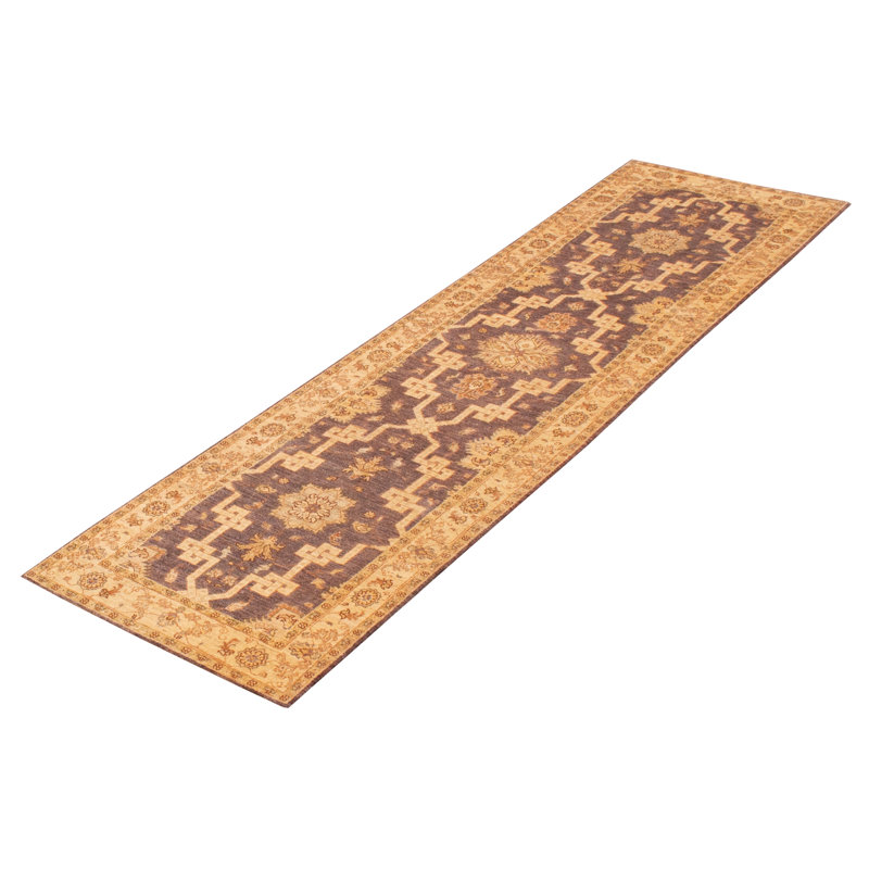 Tapis de couloir brun foncé en laine noué à la main de conception unique 2 pi 8 po x 9 pi 7 po Jerin
