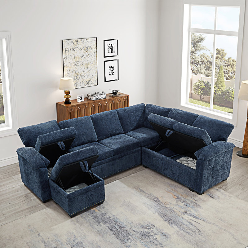 Canapé d'angle modulaire en L avec repose-pieds avec rangement, Chenille bleu foncé