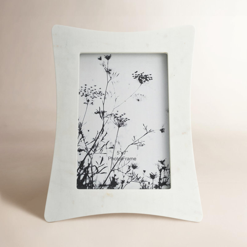 Decorative Rectangle Marble Photo Frame with Curved Edges -  Elegant Picture Frame for Entryway Table or Living Room Decor - White 
