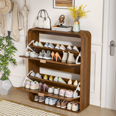 Narrow Fluted Shoe Cabinet With 2 Flip Drawers For Entryway, Slim Hidden Shoe Rack Organizer