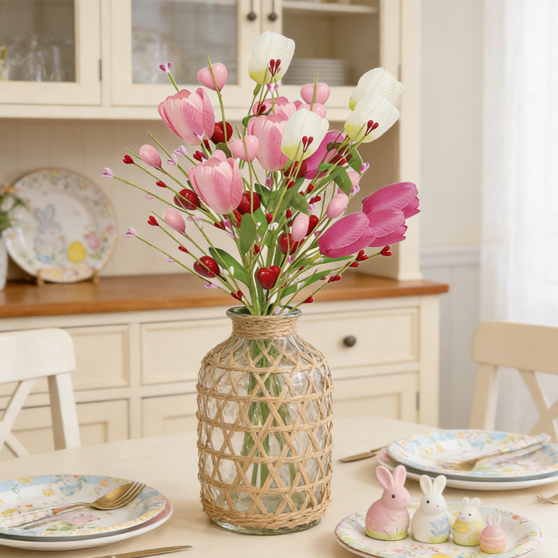 Bouquet de fleurs artificielles 6 pièces, collection de tulipes et de baies, décoration de fête des mères, de mariage et de centre de table, fleurs décoratives de Pâques