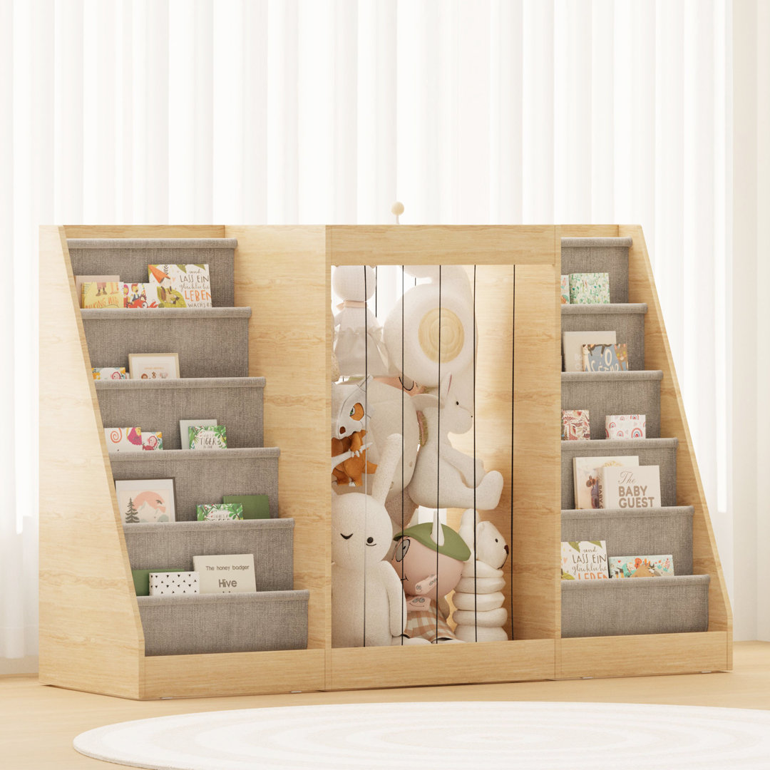 Double-Sided Fabric Pocket Book Organizer, Wood Kids Bookshelf With 12 Storage Pockets, Space-Saving Double-Sided Display Shelf For Nursery/Classroom/