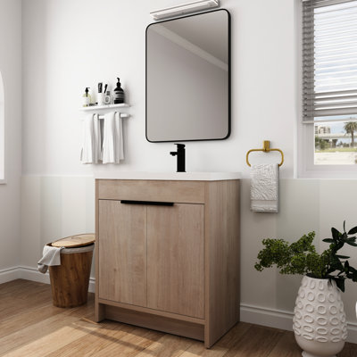 30 Inch Freestanding Bathroom Vanity Cabinet. White Resin Sink, 2 Soft-close Doors. Plywood Construction, Adjustable Shelf. Metal Handles. Plain Oak Featurette Bath Vanity. Cabinet Body, Decoration