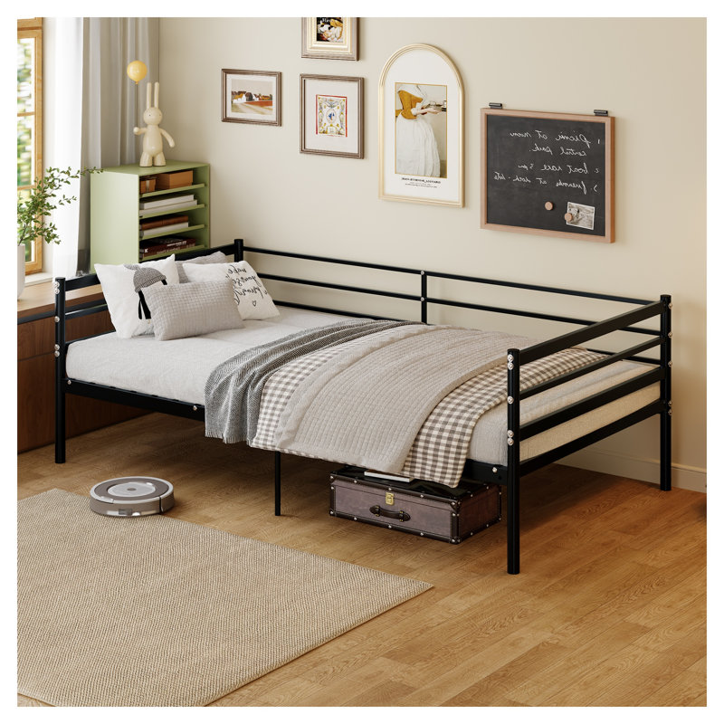Lit de jour moderne simple en métal avec garde-corps de sécurité - Base de lit plateforme noire pour enfants, adolescents et adultes