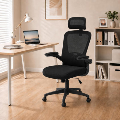 Chaise de bureau ergonomique en maille - Chaise de bureau pour ordinateur à dossier haut avec appui-tête et soutien lombaire réglables, accoudoirs relevables, pivotants et inclinables, roulettes silencieuses pour le télétravail, noire