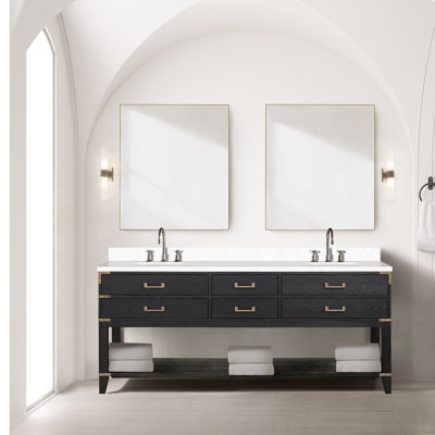 Ensemble de meuble-lavabo double en chêne noir avec plateau en quartz blanc 22 po et robinet