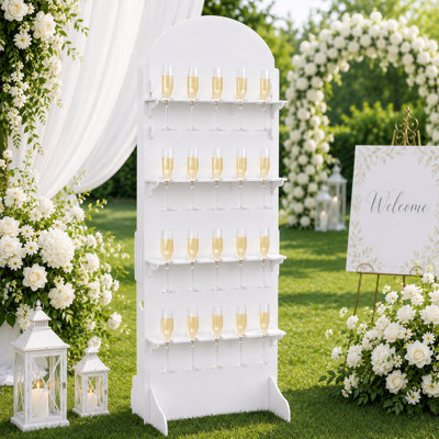 5.9-Ft 4-Tier Freestanding Champagne Wall, Holds 20 Flutes, White Arched PVC Backdrop with Tool-Free Interlocking Design, 70.9" H x 23.6" W by Trinx