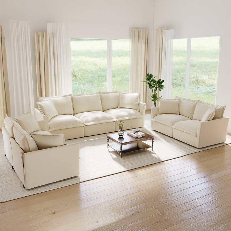 Ensemble de salon, ensemble de 3, canapé en chenille, pour salon, 3 Pcs: 2 Loveseats, Sofa, Cream Chenille