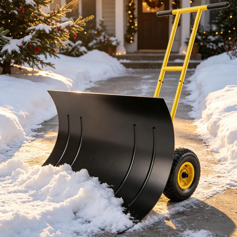 Yellow Wheeled Snow Pusher with 29.1 Inch Steel Blade and 7 Position Angle Adjustment, Ergonomic Adjustable Handle for Outdoor Driveway Snow Clearing