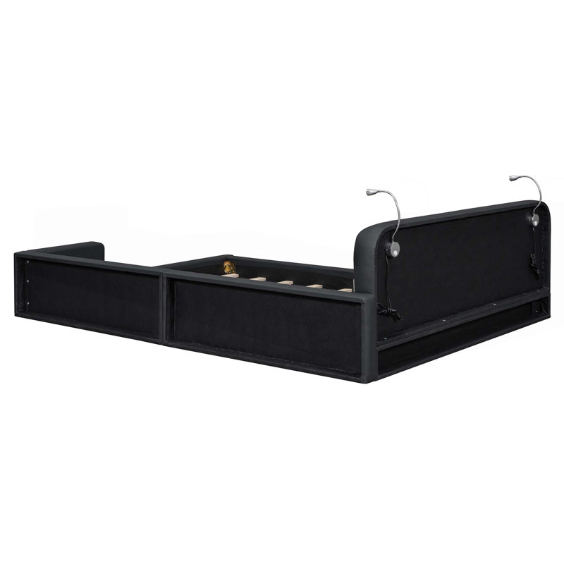 Grand lit plateforme tapissier avec 2 lampes de lecture, Noir