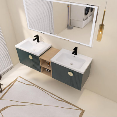 68" Double Sink Wall Mounted Bathroom Vanity, Floating Vanity with 4 Doors, Ceramic Sinks & Storage Shelves