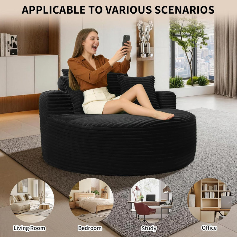 Méridienne surdimensionnée de 55 po avec méridienne rembourrée en velours côtelé avec 3 coussins, fauteuil d'appoint à assise profonde pour le salon et la chambre à coucher
