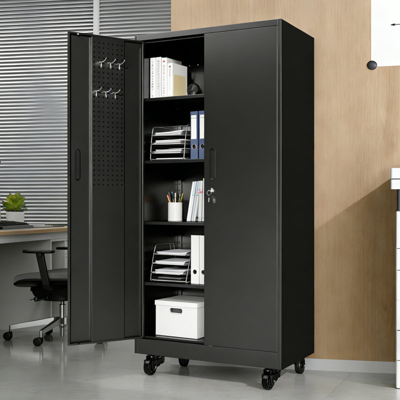 Armoire de rangement en métal robuste avec portes et roulettes