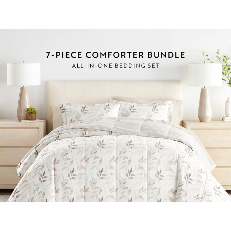 Ivory Floral Twin Microfiber Reversible Bed in a Bag Set