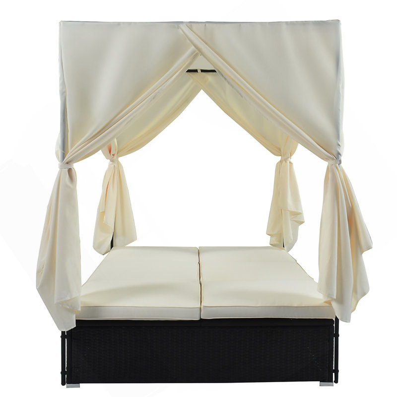 Lit de jour d'extérieur en osier avec coussins et sièges réglables pour patio, Beige
