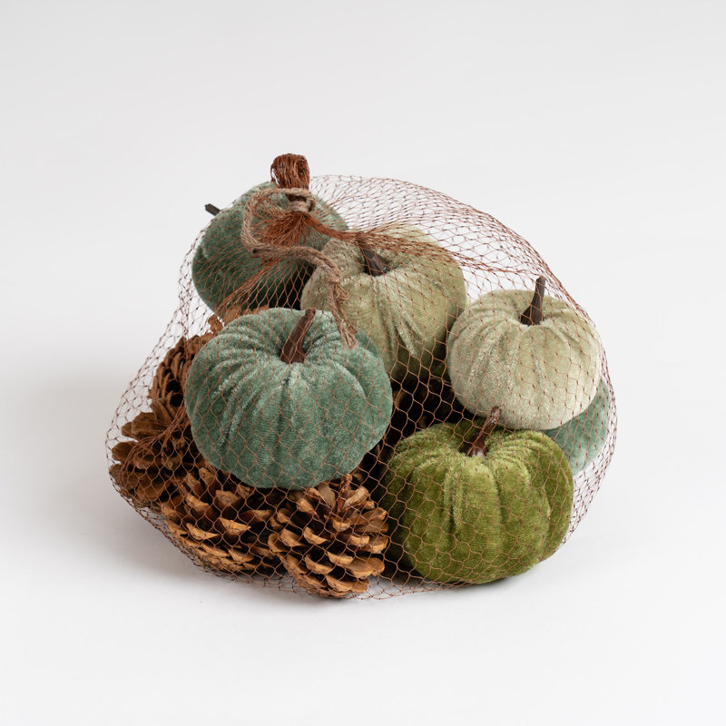 Set of Green Velvet Pumpkins and Pinecones