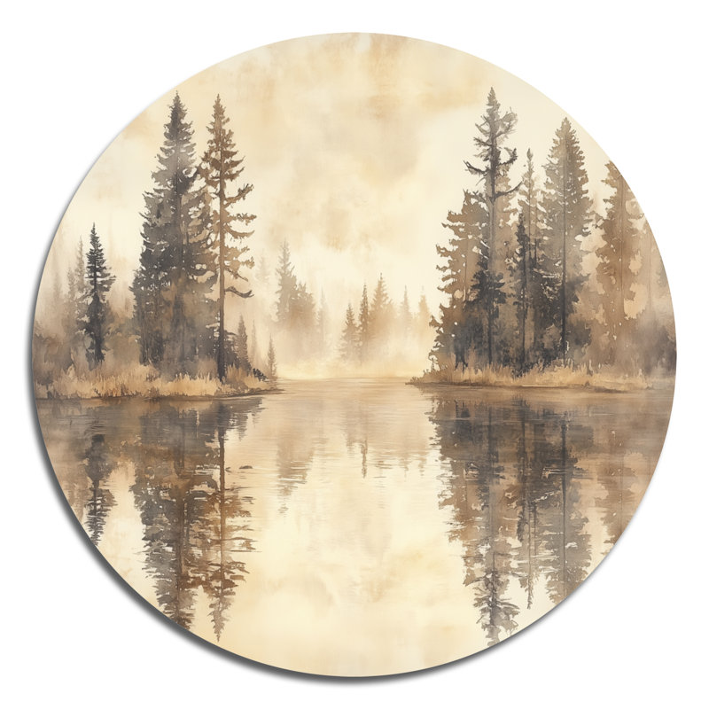 «Forest At The Lake - Landscape», art mural rond en métal, L 29 po x H 29 po