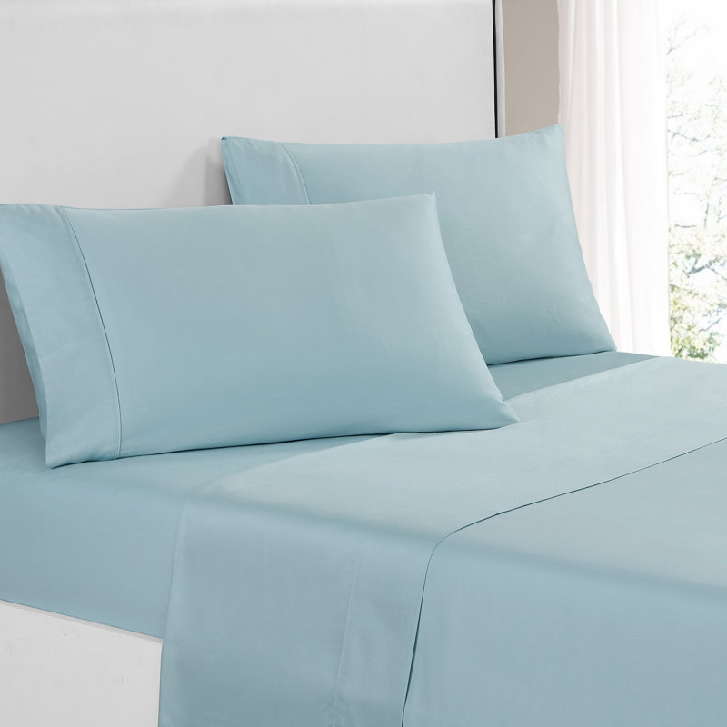 Ensemble de draps 100% coton à densité de tissage 300 fils , Bleu, Lit simple