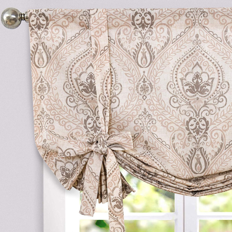 Faux Linen Farmhouse Tie up Valance, 42" W x 45" L, Taupe on Beige