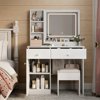 Bureau de coiffeuse Fashion avec miroir à 3 lumières DEL à intensité variable, ensemble de coiffeuse avec 2 grands tiroirs, coiffeuse lumineuse réglable pour la chambre à coucher, petit espace