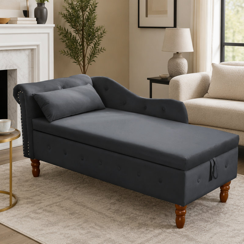 Luxueuse chaise longue en velours avec rangement et coussin, style Chesterfield classique pour chambre à coucher et salon