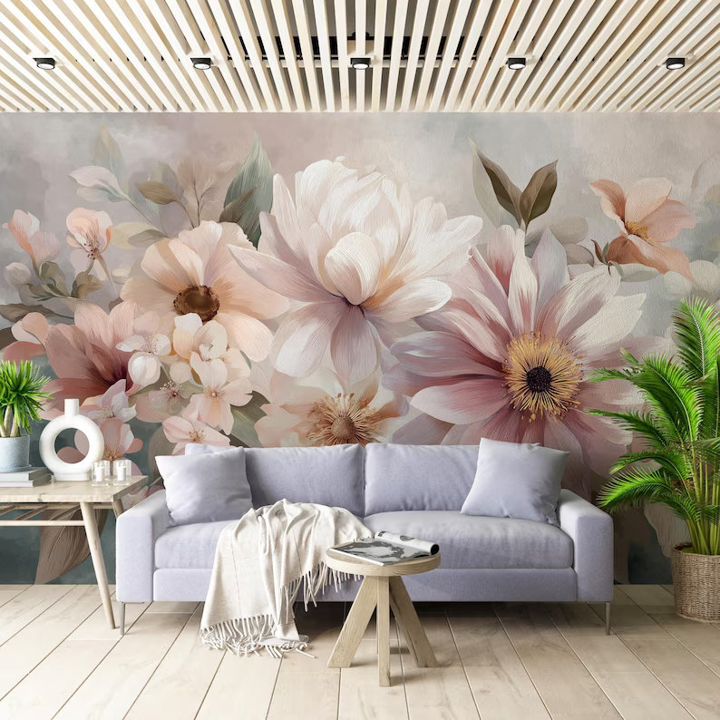 Blush Dream Floral Mural, 236" L x 118" W