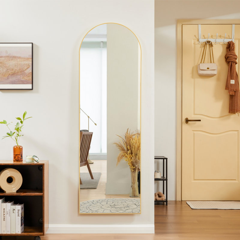 Arched Metal Oversized Full Length Mirrors Wall Mirrors with Stand, Gold, 64" x 21"