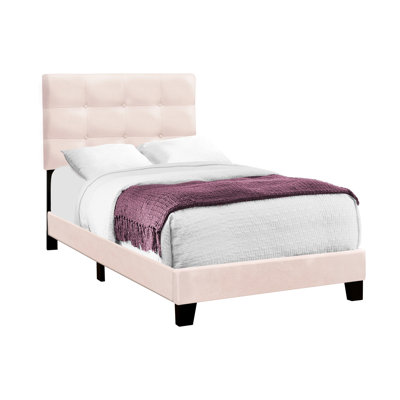 Cadre de lit simple Youthful, revêtu de velours rose, lit en velours de style transitionnel pour chambre à coucher, style pour adolescent