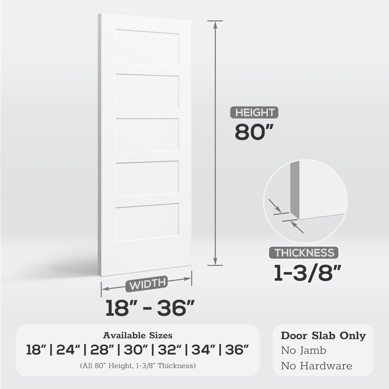 Dalle de porte intérieure en bois massif apprêté à 5 panneaux Shaker, 30 po x 80 po, Oui