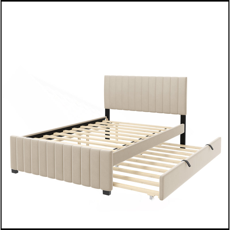Lit plateforme double en velours avec lit gigogne, Beige