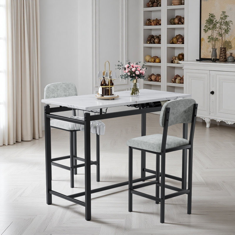 Modern Dining Table And Chairs For 2, Marble Finishes Dining Table Set With 2 Upholstered Chairs, Kitchen Table Set Bar Pub Set For Breakfast Nook