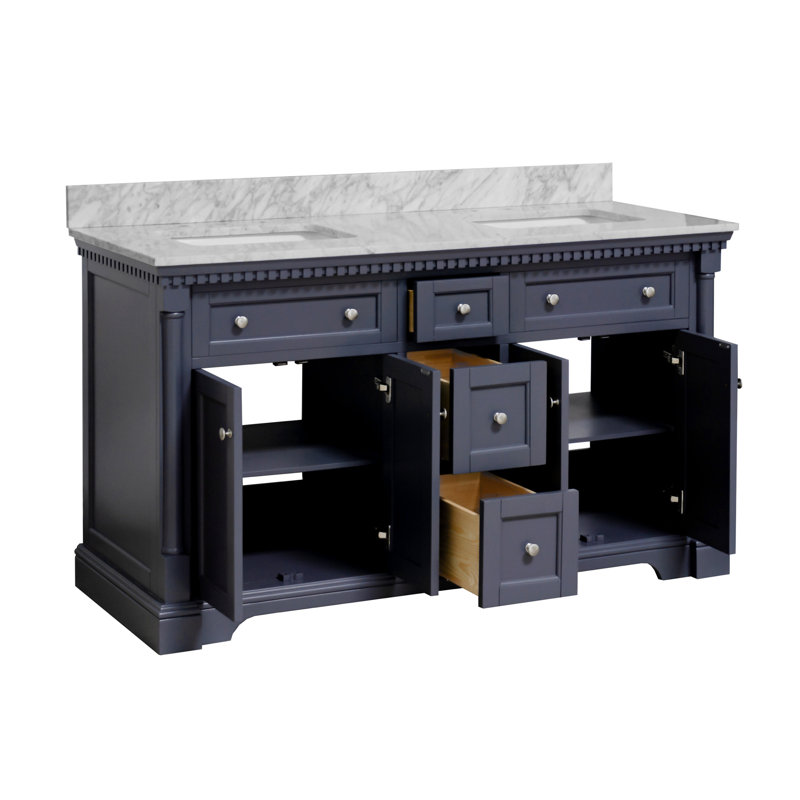 Ensemble de meuble-lavabo double 60 po Fossen, Gris marine, Marbre de Carrare