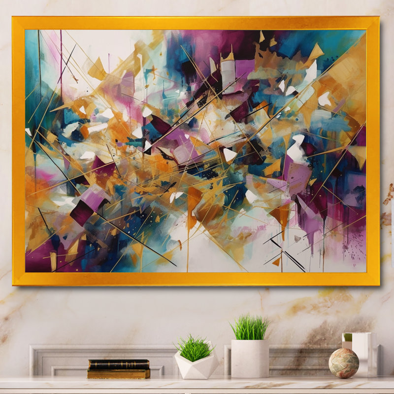 Golden Explosion Triangles I - Abstract Geometric Canvas Art, 12" H x 20" W x 1" D, Gold Picture Framed Canvas