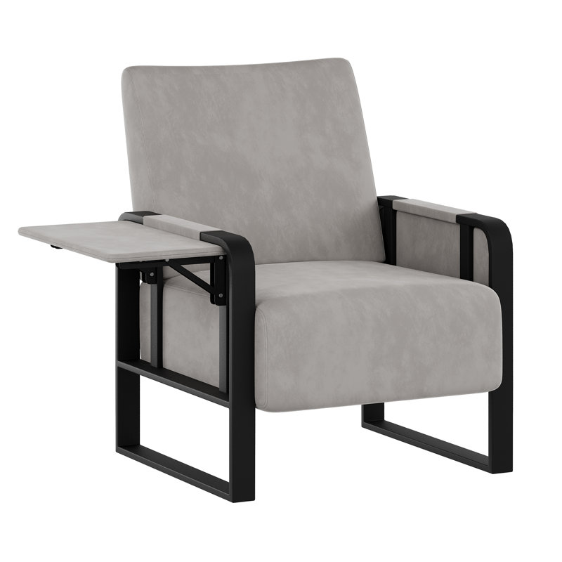 Whole Metal Frame Upholstered Accent Chair With Side Tray Table, Gray Faux Leather