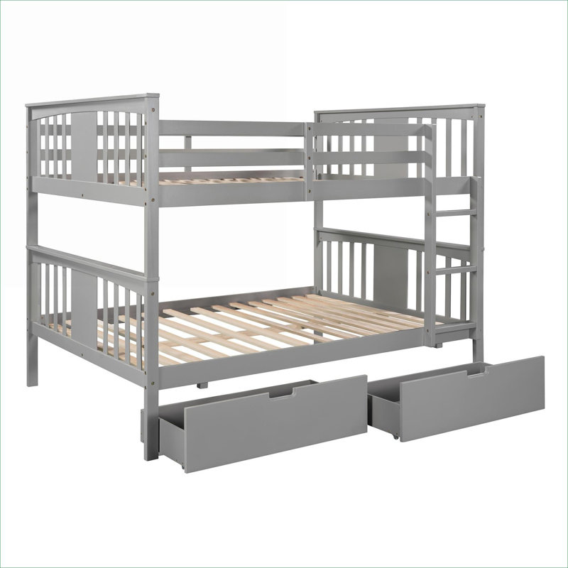 Lit superposé double en bois massif avec tiroirs sous le lit et échelle intégrée, gris doux pour la chambre ou la chambre d'amis