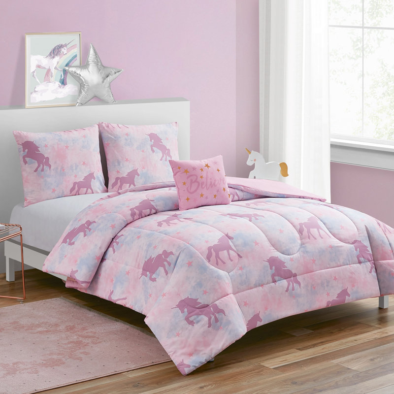 Ensemble d'édredon réversible en microfibre rose Cotillard, Édredon simple + 1 taie décorative + 1 coussin d